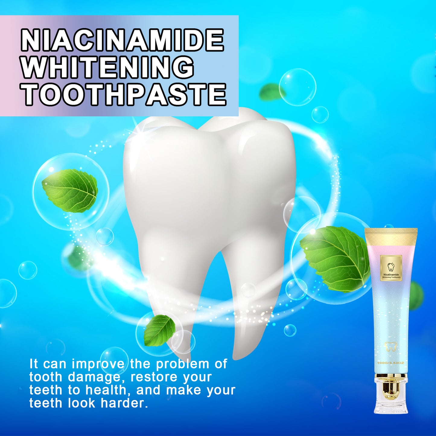 Nicotinamide Whitening Toothpaste, Yellow Teeth Whitening Niacinamide Toothpaste, Toothpaste Fresh Breath Niacinamide, Repair and Protect Teeth, Extra Fresh, Sensitive Teeth Prevention, Antiplaque, Natural Peppermint