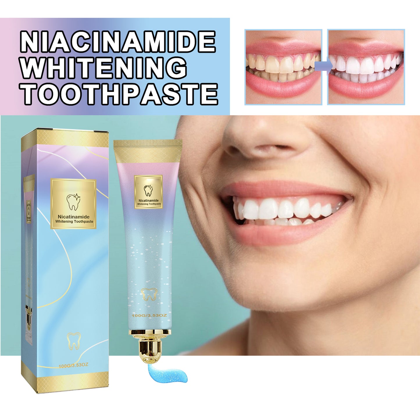 Nicotinamide Whitening Toothpaste, Yellow Teeth Whitening Niacinamide Toothpaste, Toothpaste Fresh Breath Niacinamide, Repair and Protect Teeth, Extra Fresh, Sensitive Teeth Prevention, Antiplaque, Natural Peppermint