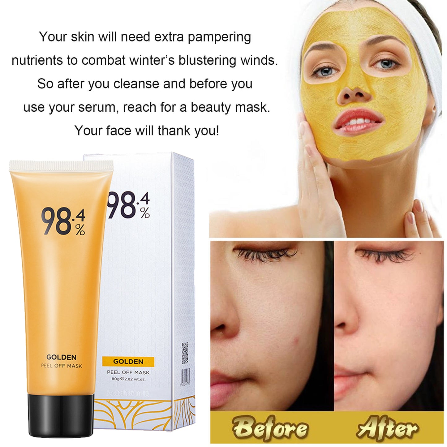 Gold Foil Peel-Off Mask, Peel-Off Anti-Wrinkle Face Mask, 98.4% Gold Face Mask, Remove Blackhead and Deeply Cleans Moisturizing Mask, Golden Peel Off Mask Cleans Pores